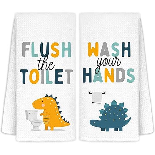 Dinosaur Kids Bathroom Decor Towels Set of 2 - Kids Hand Towels, Toddler Boys Girls Bathroom Decor, Wash Your Hands Flush The Toilet 16x24