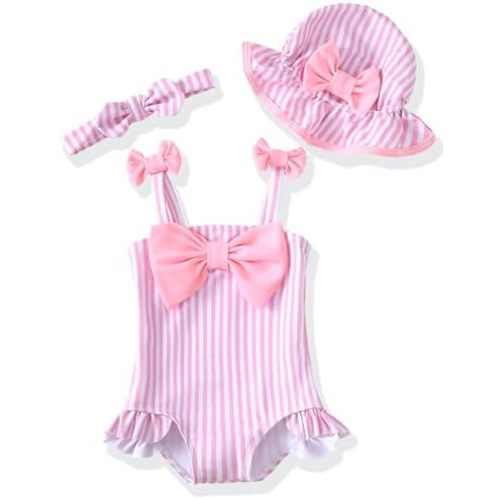 Renotemy Baby Girl Swimsuit Infant Bathing Suit Swimwear Sleeveless Bikini Tankini Toddler Girl One-Piece Swimsuit with Hat