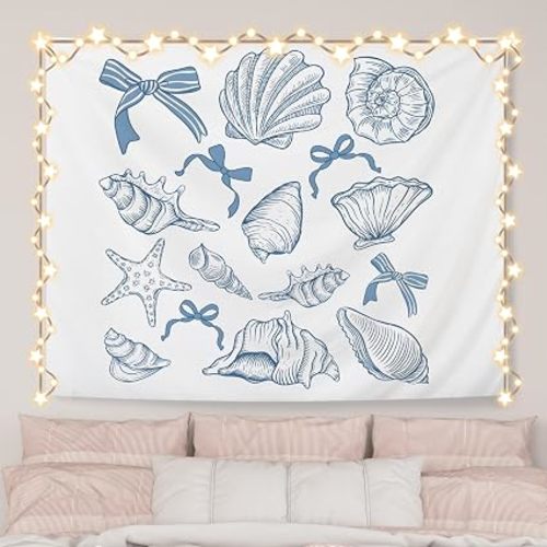 AQYIP Coquette Blue Bow Seashell Ocean Beach Tapestry Wall Hanging, Preppy Beach Tapestry Decorative, Blue Coastal Wall Blanket Decor for Girls Room Dorm Apartment Bedroom, 50x60 Inch