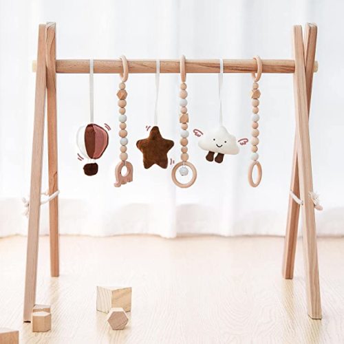 Wooden Infant Frame Activity Gym Hanging Bar for Toddle with 6 Hanging Sensory Toys