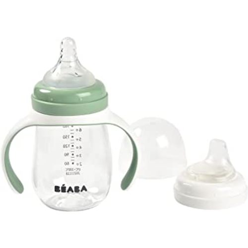 BEABA 2-in-1 Baby Bottle to Transition Sippy Cup, No Spill Sippy Cup, Includes Removable Handles, Silicone Baby Bottle Nipple and Soft Spout, 7 oz (Sage)