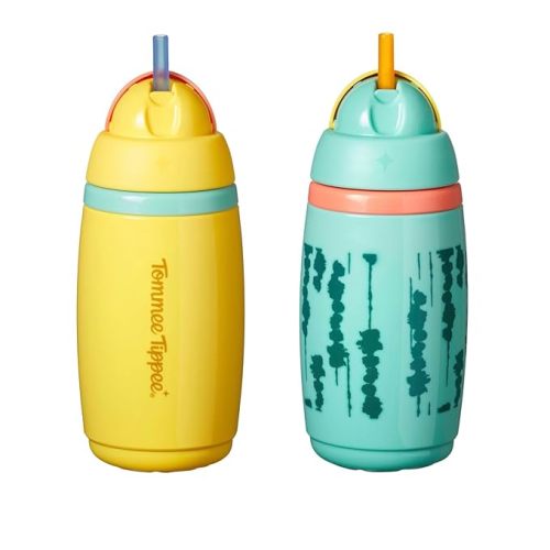 Tommee Tippee Active Straw Toddler Cups, 9 oz, Insulated Sippy Cups For Toddlers 1-3, Silicone Straw and Leak-Proof Valve, Yellow and Green, Pack of 2