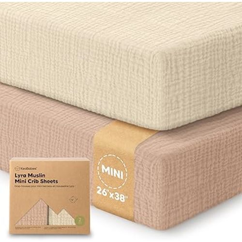 2-Pack Muslin Mini Crib Sheets for Boys, Girls - 38x26 Pack and Play Sheets Fitted, Organic Cotton, Compatible with Graco Pack N Play Mattress, Neutral Toddler Playard Bedding,Soft Breathable (Almond)