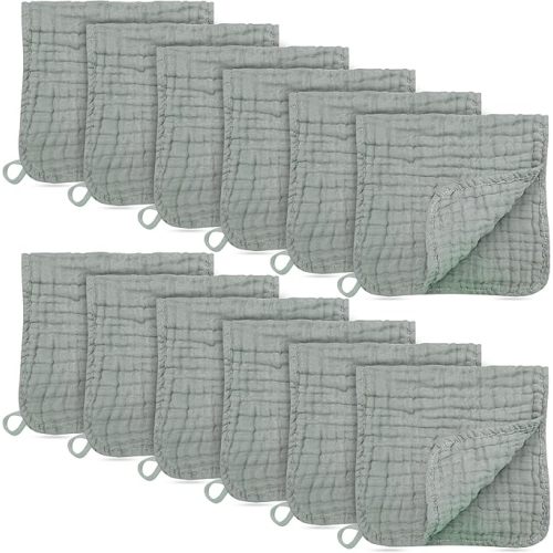 12 Pack Muslin Burp Cloths - Large 20" x 10", Ultra Absorbent 100% Cotton for Baby Drool and Messes - Soft, Gentle Baby Burp Rag for Boys & Girls -Grey, Green, Slate