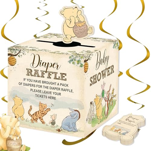Winnie Bear Baby Shower Party Pack – Complete Bear Decorations, Baby Shower Games & Diaper Raffle Box with 50 Winnie Cards
