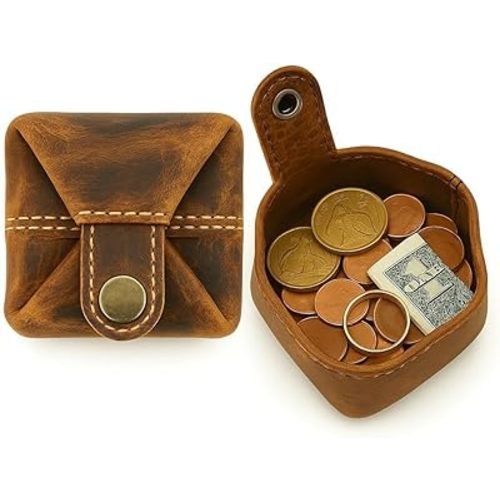 Leather Coin Pouch - Compact Change Holder and Mini Pocket Wallet for Men & Women (Antique Brown)