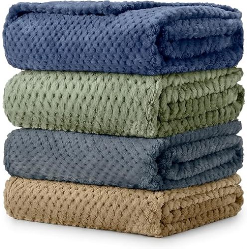 Reginary 4 Pack Fuzzy Blanket 30 x 40'' Waffle Flannel Baby Throw Blankets Warm Nursery & Crib Blankets for Girl & Boy Newborn Infant (Blue, Green, Khaki, Gray)