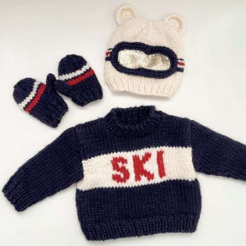 Bear Ear Ski Goggle Hand-Knit Hat, Cream, Navy & Red - The Blueberry Hill | Maisonette