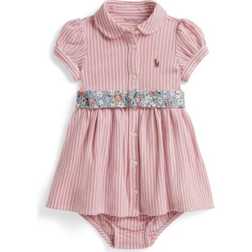 Oxford Stripe Cotton Piqué Belted Shirtdress & Bloomers, 3M
