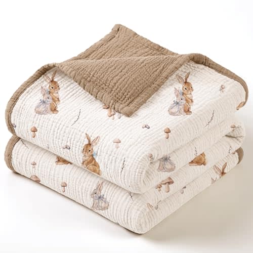 lulumoon Muslin Baby Blanket for Unisex: Cotton Baby Blanket with Bunny - Soft Breathable for Newborn Stroller & Daycare 47"x47" (Brown Bunny)