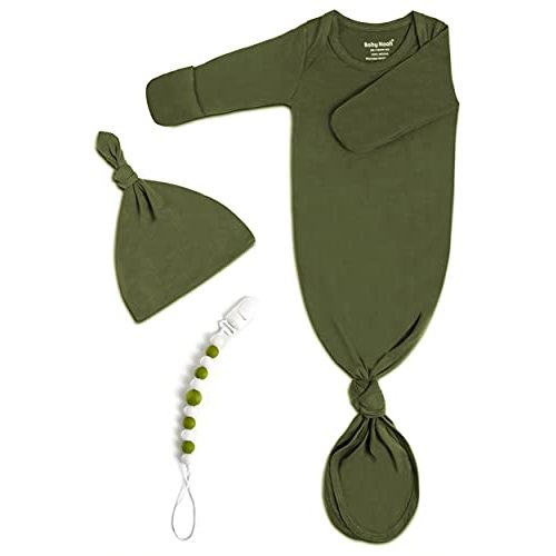 Newborn Baby Knotted Gown, Buttery Soft Silky Infant Long Sleeve Sleeper for Baby Girl and Boy Sleeping Bag with Mittens and Hat Set (Extra Long), Olive Green+green Clip