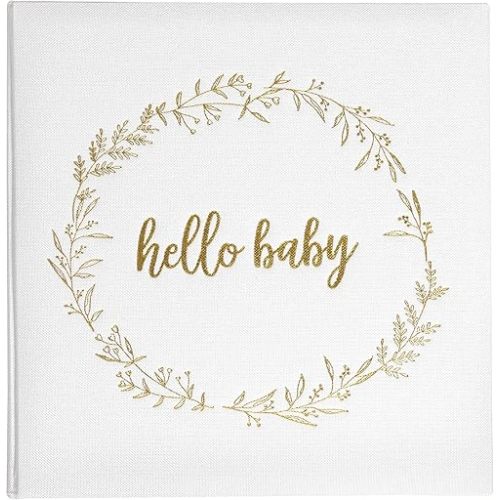 Kate & Milo Linen Hello Baby Memory Book, First 5 Years Milestone Journal, Neutral Newborn Keepsake Scrapbook and Photo Album, Cream and Gold