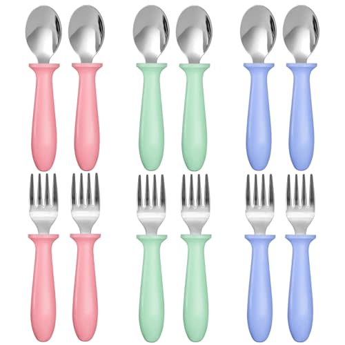 12-Piece Toddler Fork and Spoon Set, 18/8 Stainless Steel, Dishwasher Safe | Plastic handles, rounded edges, easy-grip size for little hands, reusable for daily self-feeding