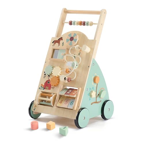 DUMOS Wooden Baby Push Walker, Montessori Toy, Adjustable Speed, 1+, Wood | Adjustable speed knob, silent rubber wheels, rear storage rack, mirror & gear activities, safe rounded edges for toddlers
