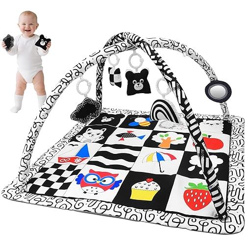 Soft Baby Gym Play Mat - Extra Comfortable Activity Gym High Contrast Black White Tummy Time Mat for Newborns & Infants 0-12 Months