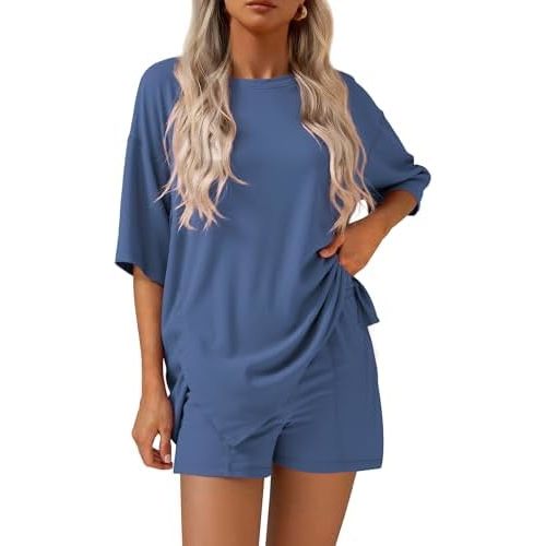 KIRUNDO 2 Piece Sets for Women Summer Lounge Sets Casual Oversized Tshirts Shorts Matching Airport Travel Outfit Postpartum