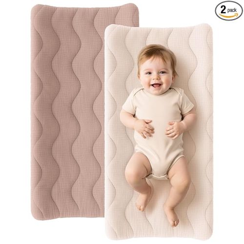 Konssy Waterproof Muslin Changing Pad Cover 2 Pack, 100% Cotton Quilted Diaper Changing Table Sheets, Soft Breathable Boho Nursery Bedding for Baby, Silent & Absorbent Standard Fit (Taupe,Cream)