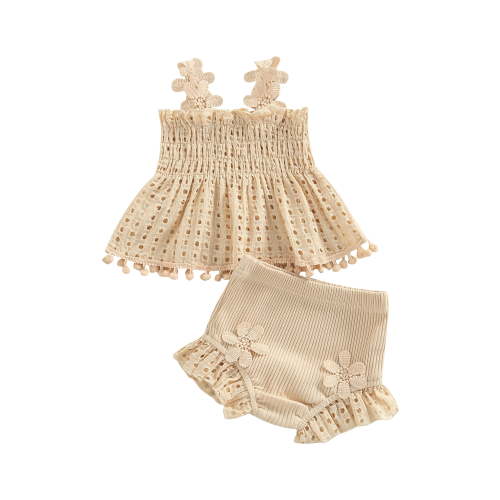 ASNOUIFU Toddler Baby Girls Summer Outfit Solid Color Cutout Pleated Tank Tops and Stretch Casual Ruffle Shorts Set