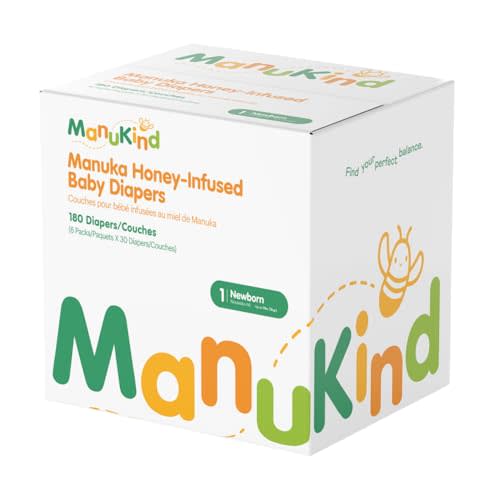 ManuKind Baby Diapers Size 1 (Up to 11 lbs), Manuka Honey Infused, Hypoallergenic Ultra Soft Disposable Diapers for Sensitive Skin, Fragrance & Chlorine Free, Plant-Based, 180 Count (6 Packs of 30)