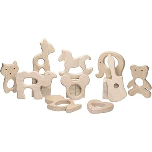 Baby Teething Toys Penta Angel 10Pcs Natural Wooden Teething Animal Rings for Newborn Toddler Infant (10)