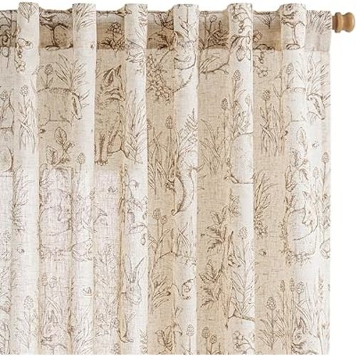 jinchan Linen Nursery Curtains 84 inch Long Woodland Wildlife Taupe Print Drapes for Kid's Room Light Filtering French Country Farmhouse Curtains with Bunny and Forest Design Set of 2 Panels