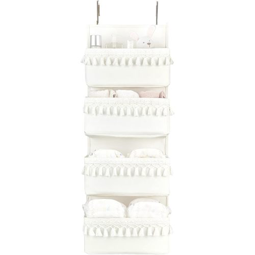 Dahey Over The Door Organizer Boho Nursery Storage Decor Closet Hanging Organizer with Tassels Decoration for Bedroom Nursery Bathroom Apartments Dorm Pantry, 4 Pockets, White