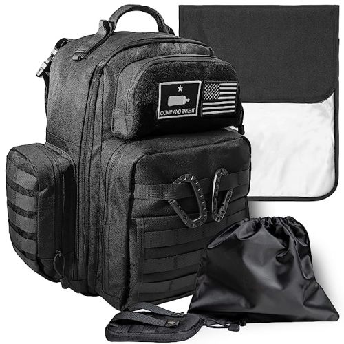 Dad Diaper Bag - Molle-Style Military Diaper Backpack Made of Rugged 900D Waterproof Polyester with Wider Extra-Long Straps, Pouch for Dirty Diapers, Baby Wipes Dispenser & Insulated Bottle Pockets - Black