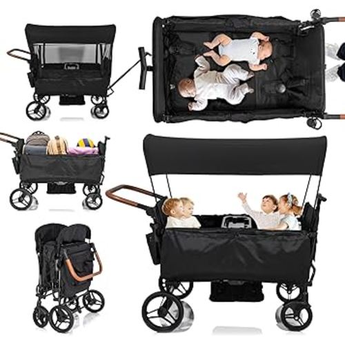 Stroller Wagon for 4 Kids Seated-Tandem Fold Stroller Push-Pull Lightweight Travel Trolley with 5-Point Harness,Adjustable Handle and Canopy,Mosquito Net,Footwells,Child Tray,Cup Holder,Storage