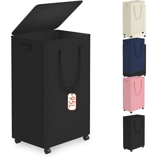 Slim Laundry Hamper with Wheels,25 Gal (95L) Rolling Laundry Basket with lid and wheels Clothes Hamper Foldable Tall Dirty Clothes Basket Sturdy Collapsible Clothes Hamper for Dorm,Laundry Room