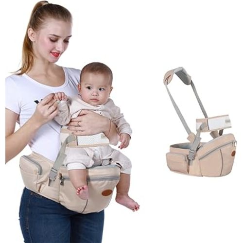 Baby Hip Seat Carrier Baby Waist Stool for Child Infant Toddler with Adjustable Strap Buckle Pocket Soft Inner Huge Storage (Khaki)