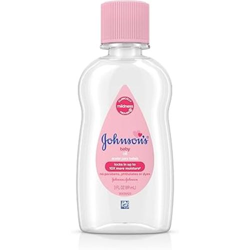Johnson's Baby Oil, Pure Mineral Oil to Prevent Moisture Loss for Newborn, Kids, and Adults, Gentle and Soothing Baby Massage Oil, Dry Skin Relief, Hypoallergenic, Original Scent, 3 fl. oz