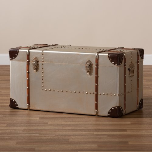 French Industrial Silver Metal Storage Trunk