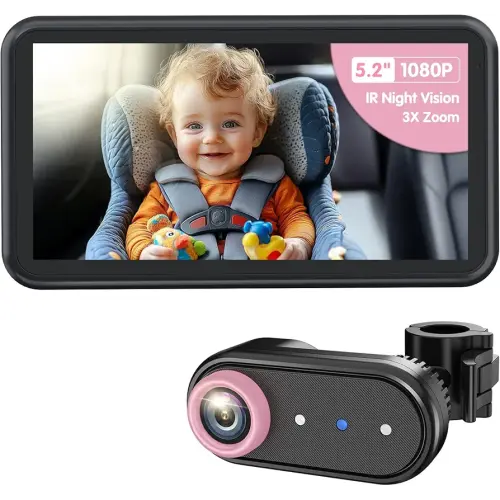 LUKVIEW BM2A Car Camera Baby Monitor, 5.2" 1080P HD Screen with 3X Zoom & IR Night Vision, Baby Car Camera for Rear Facing Seats, Easy Install for Girls, Parents and Pet Lovers