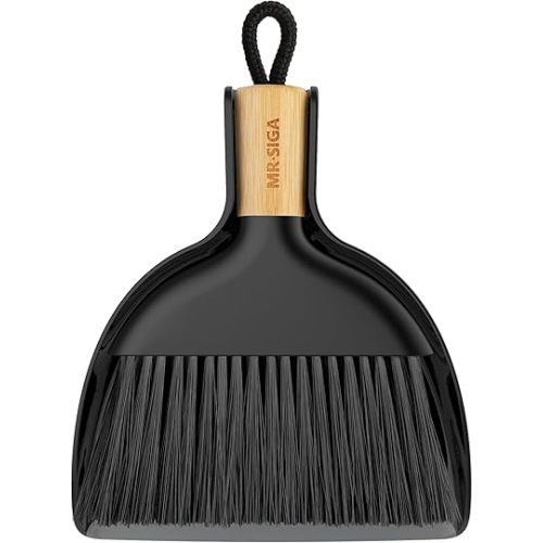 MR.SIGA Mini Dustpan and Brush Set, Portable Cleaning Brush and Dustpan Combo with Bamboo Handle, Black, 1 Set