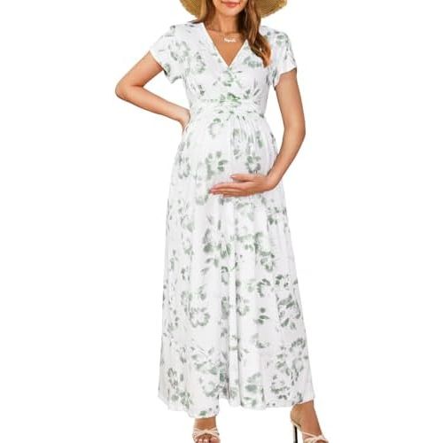 OUGES Maternity Maxi Dress Wrap Baby Shower Pregnancy Dresses for Photoshoot Maternity Outfits Summer Clothes 2026