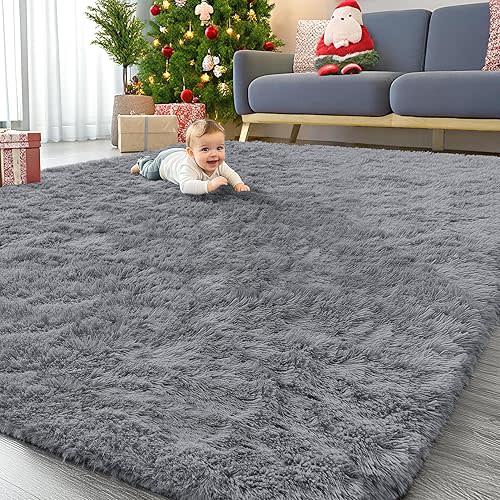OLANLY 9x12 Machine Washable Large Area Rugs for Living Room, Bedroom, Soft Fluffy Shaggy Bedside Rug, Indoor Floor Carpet for Kids Girls and Boys, Dorms, Nursery, Home Decor Aesthetic, Light Grey