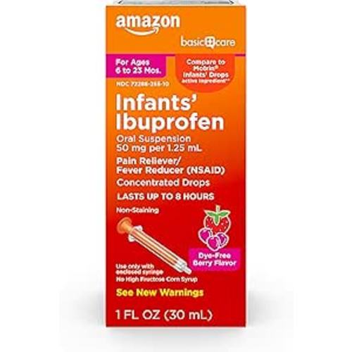 Amazon Basic Care Infants' Ibuprofen Oral Suspension, Pain Reliever and Fever Reducer, 50 mg/1.25 mL, Berry Flavor Concentrated Drops, Dye-Free, 1 fl oz (Pack of 1)