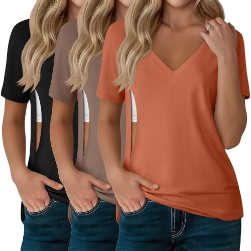 3 Pack Women's Nursing Tops, Hidden Zipper Nursing Shirts for Breastfeeding & Pumping V Neck Short Sleeve