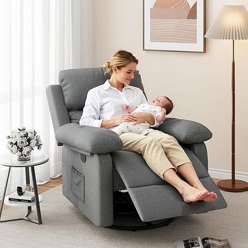 Glider Recliner Chair for Adult Indoor Upholstered Baby Nursery Chair Rocking Chair 360° Swivel with Side Pockets for Nursery and Living Room Bedroom