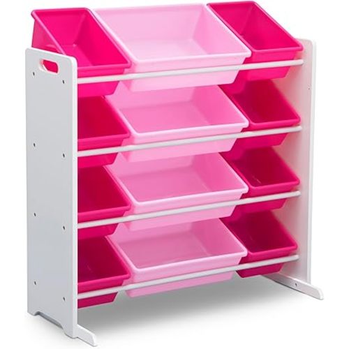 Delta Children Kids Toy Storage Organizer with 12 Plastic Bins - Greenguard Gold Certified, White/Pink