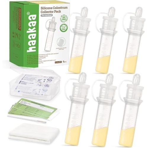 haakaa Colostrum Collector with Storage Case Set, Included 1 pc Reusable Cotton Wipe and Storage Box (0.1oz/4ml, 6 pcs)