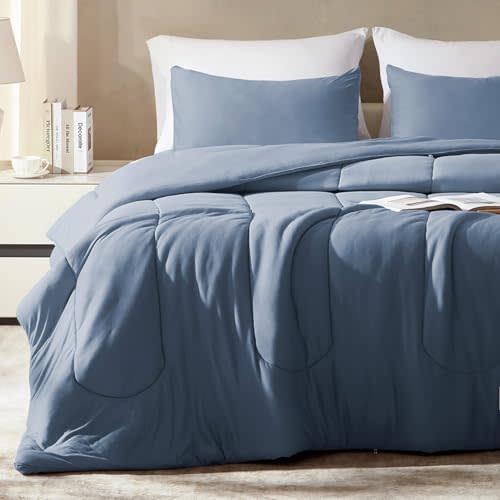SLEEP ZONE Queen Size Comforter Set, Breathable Jersey Knit Soft Duvet Insert Set 3 Pieces Bedding Sets for Bedroom All Season, Stone Blue