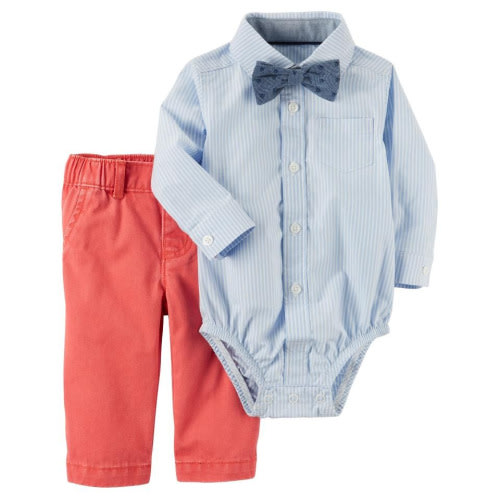 Carter's 3 Piece Blue/White Seersucker Printed Button Down Bodysuit Shirt with Chambray Bow Tie and Red Pant Set