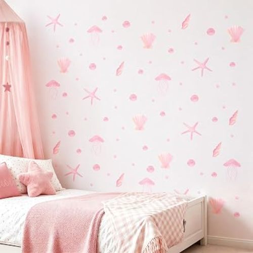 Pink Seashell Wall Stickers, Removable Ocean Decals for Girls Room