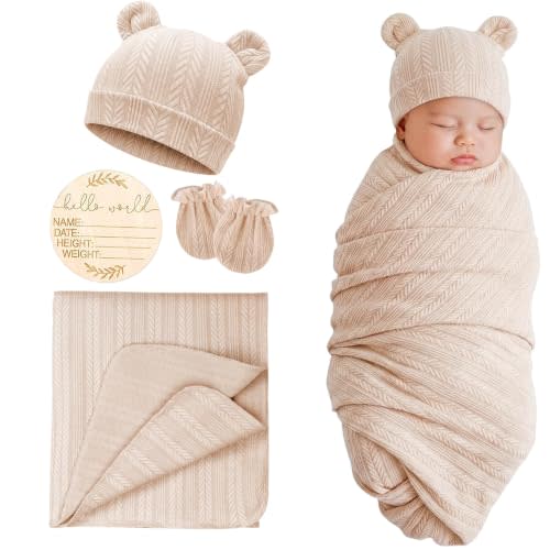 DRESHOW BQUBO Newborn Receiving Blankets for Baby Girl Boy Swaddle with Bear Hat No Scratch Mittens Announcement Card Set for 0-3 Months