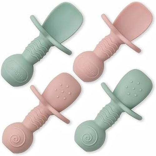 Ginbear Platinum Silicone Baby Spoons Self Feeding 6 Months First Stage, Non Toxic Infants Led Weaning Utensils for Training, Soft BLW Supplies Pack of 4 (Hazy Green/Pink)