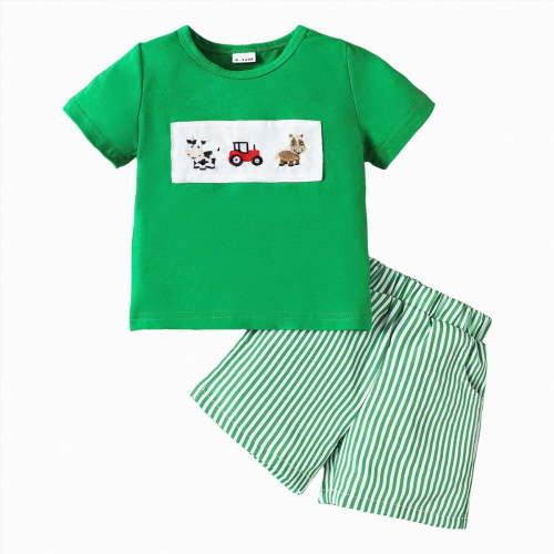 Toddler Baby Boy Clothes Summer Outfits Embroidery Trucks Smocked Shirt T-Shirt + Gingham Shorts 1T 2T 3T