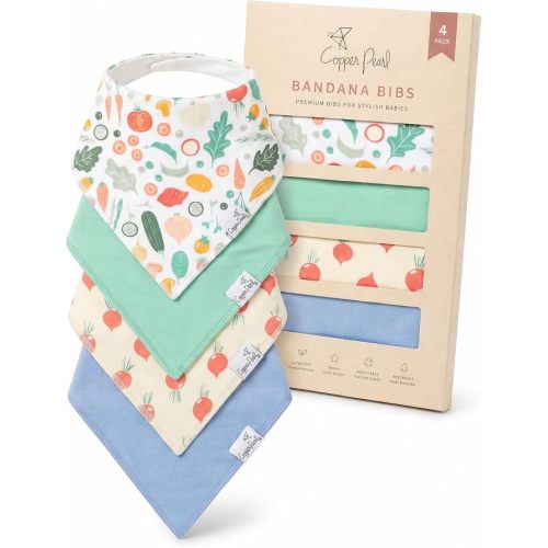 Copper Pearl Baby Bibs for Baby Boy or Girl – Bandana Drool Bibs for Teething, Absorbent Bibs for Eating, Newborn to Toddler, 4 Pack, Veggies