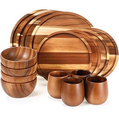 Maxdot 16 Pcs Acacia Wood Dinnerware Set, Round Wooden Plates,Solid Wooden Bowls and Tea Cups, Acacia Wood Tableware Supplies, Easy Cleaning & Lightweight for Dishes Snack, Dessert, Set for 4
