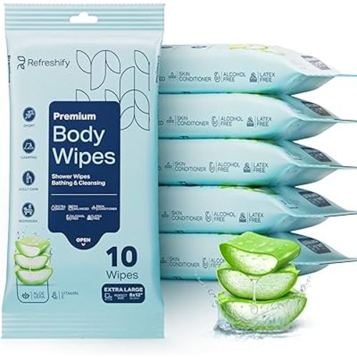 60 XL Shower Wipes – Body Wipes for Adults Bathing No Rinse – 6 Packs of 10 – Extra Moist Bath with Aloe & Vitamin E for Camping, Travel, Gym & Bedridden Care